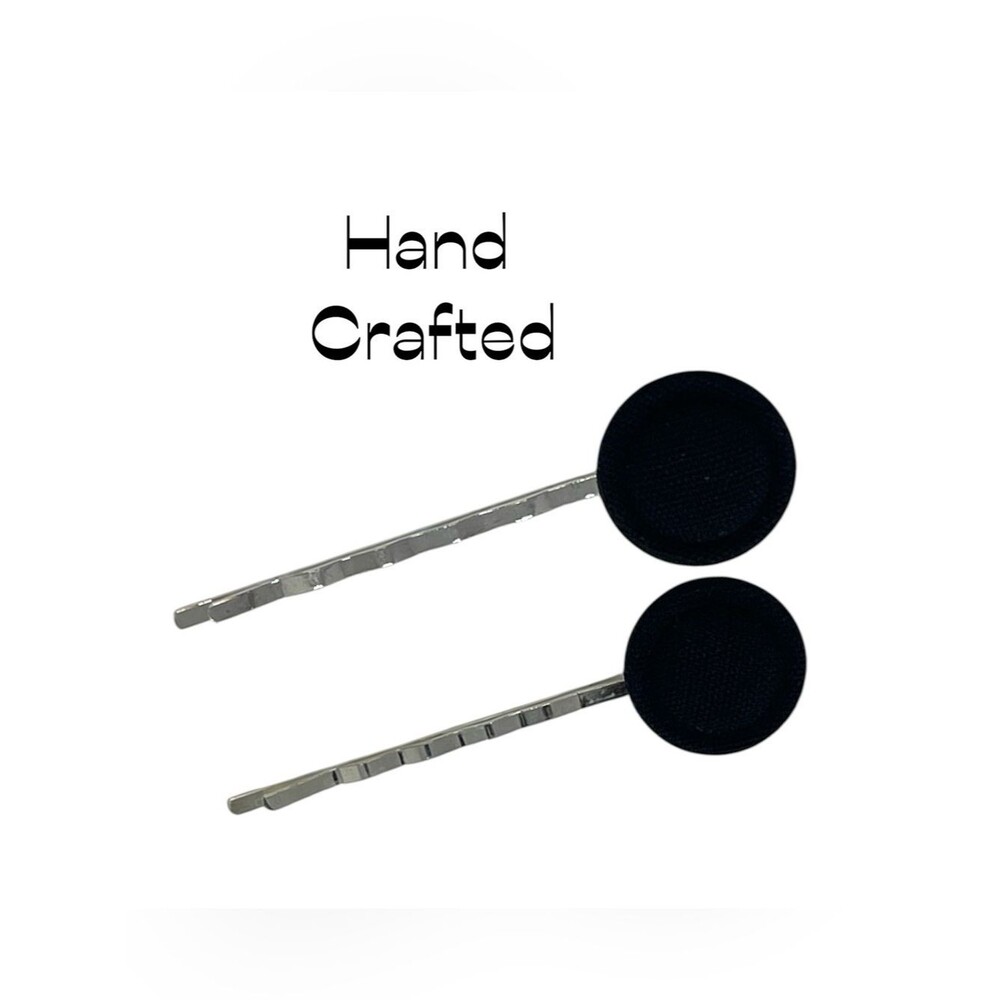 Hand Crafted Black Fabric Buttons Silver Hair Clips Two Piece NWT